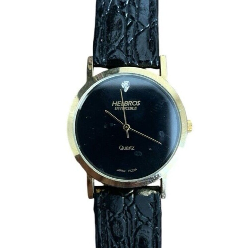 Helbros Invincible Watch Women Gold Tone Black Dial Leather Band New Battery